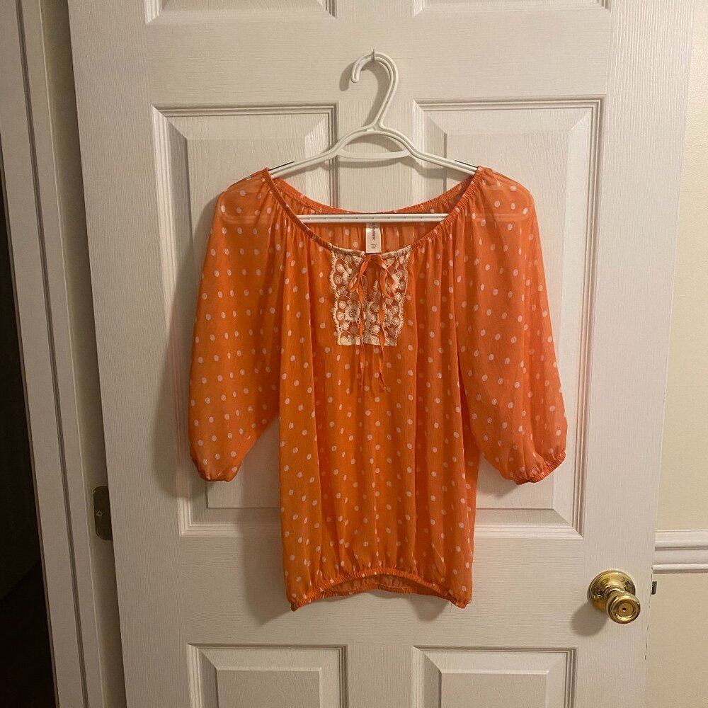 NOBO Translucent Orange Peach Blouse with Polka Dots and Bow Size S